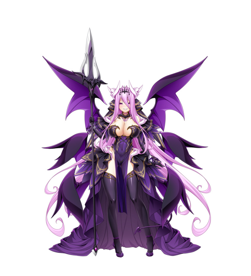 1girl, absurdly_long_hair, black_thighhighs, black_tiara, breasts, chest_tattoo, cleavage, covered_navel