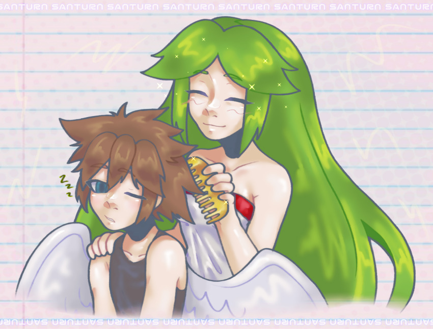 1boy, 1girl, angel, angel_wings, artist_name, blue_eyes, brushing_another's_hair, brushing_hair