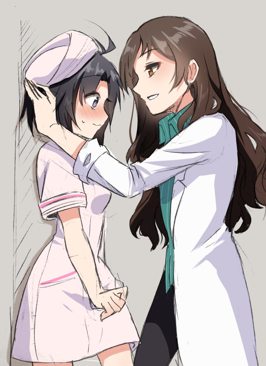 2girls, antenna_hair, averting_eyes, benidzuki_p, black_hair, blush, brown_eyes, brown_hair, collared_shirt, doctor, hat, highres, idolmaster, idolmaster_million_live!, idolmaster_million_live!_theater_days, kabedon, kikuchi_makoto, kitazawa_shiho, looking_at_another, multiple_girls, nurse, nurse_cap, parted_bangs, purple_eyes, shirt, sidelocks, yuri