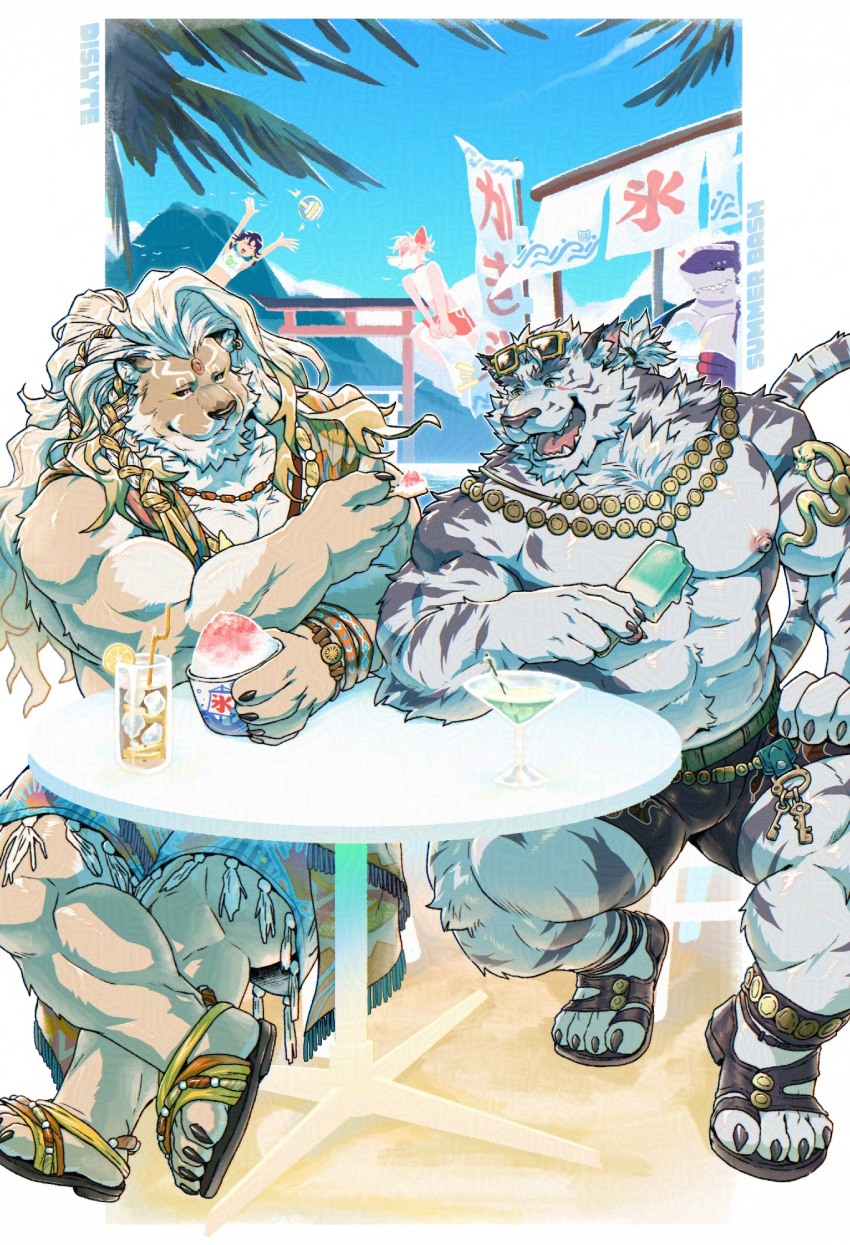 1girl, 4boys, abs, animal_ears, bara, black_shorts, blue_shorts, blue_sky