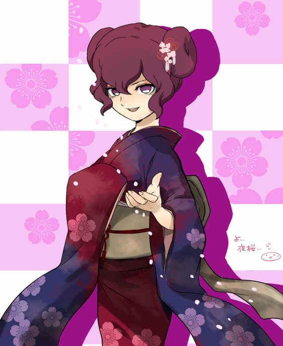 1boy, bad_id, bad_pixiv_id, cowboy_shot, crossdressing, crossdressing_(mtf), donut_hair_bun, double_bun, hair_bun, inazuma_eleven, inazuma_eleven_(series), inazuma_eleven_go, japanese_clothes, male_focus, mitsuyoshi_yozakura, mizuhara_aki, open_mouth, purple_hair, solo, trap