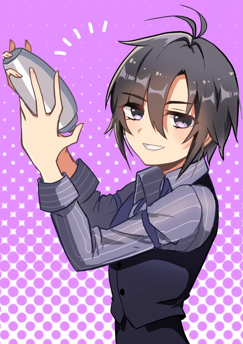 antenna_hair, bartender, benidzuki_p, black_hair, black_vest, collared_shirt, concept_shaker_(idolmaster), eyelashes