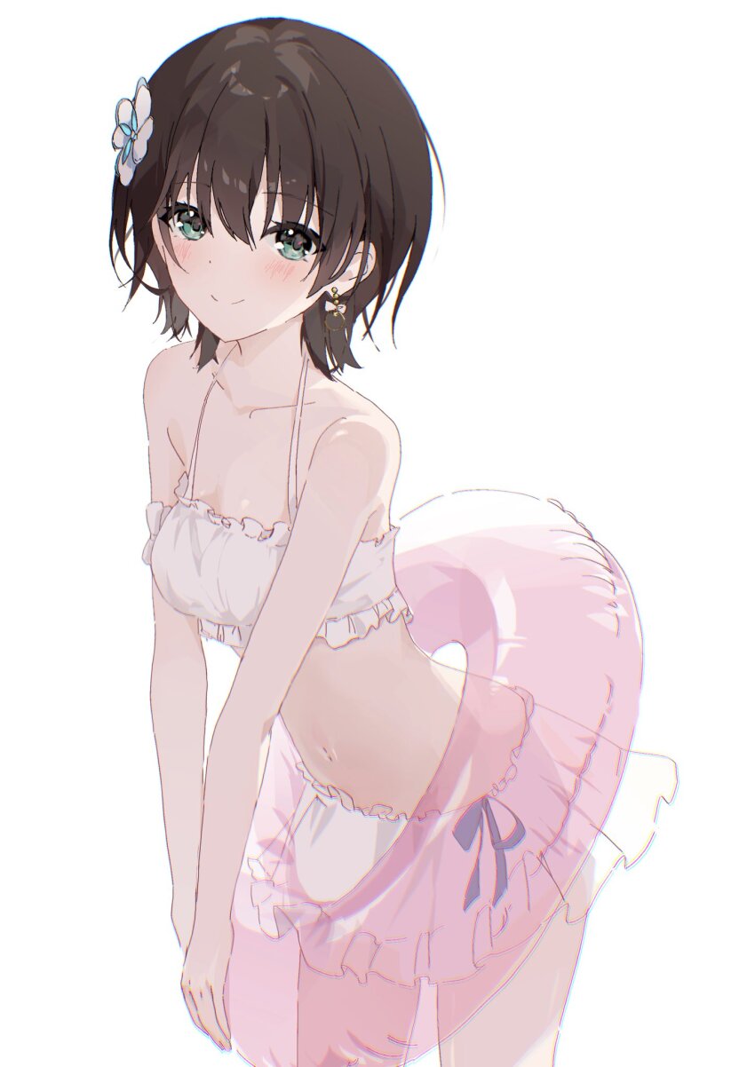 aoi_erika, aoi_erika_(lightful_mermaid_vacation), black_hair, blue_eyes, earrings, flower, flower_on_head, hair_flower