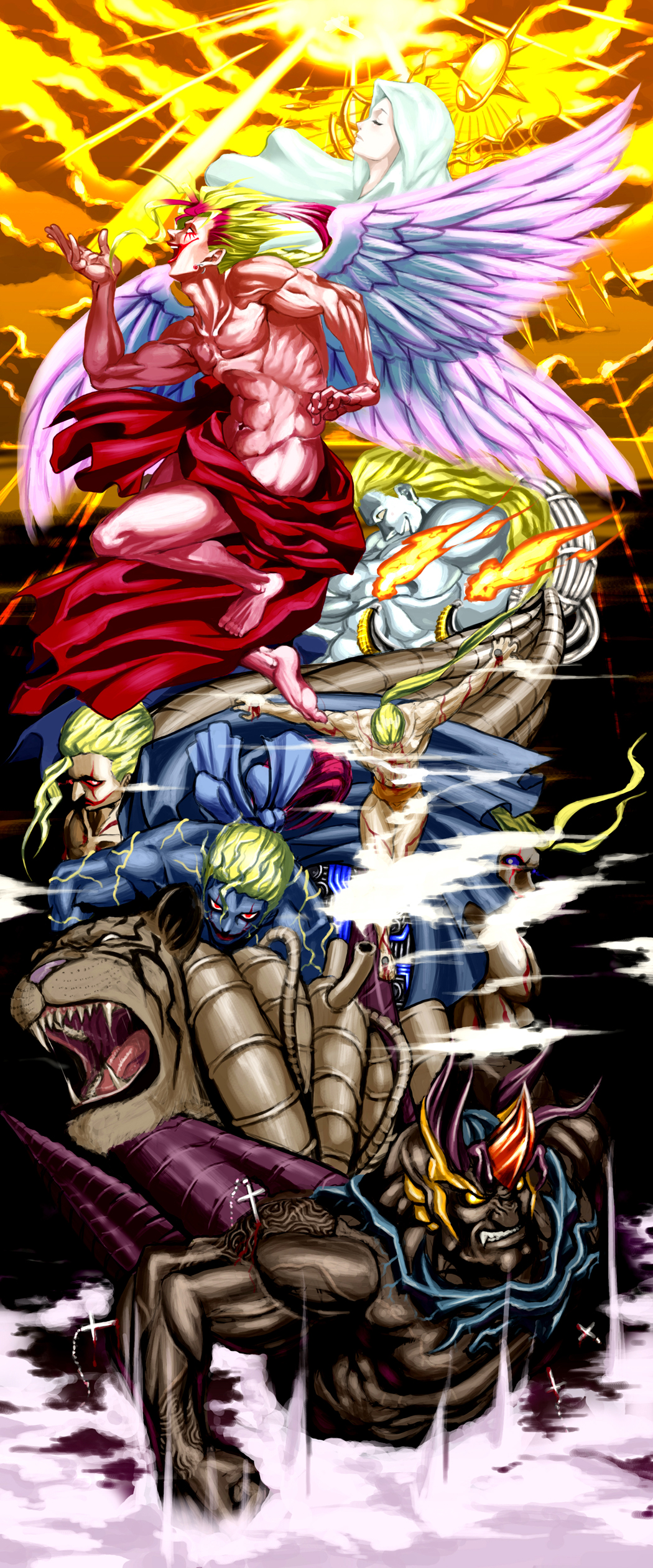 1990s_(style), 1boy, abs, absurdres, angel, angel_wings, blonde_hair, blue_skin