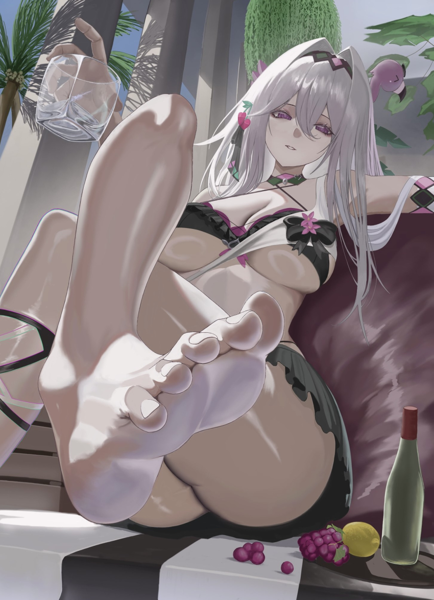 1girl, barefoot, bikini, black_bikini, bottle, breasts, commentary_request, crossed_legs, cup, feet, flamingo_raft, food, foot_focus, fruit, grapes, hair_intakes, highres, holding, holding_cup, honkai_(series), honkai_impact_3rd, ice, ice_cube, large_breasts, lemon, long_hair, official_alternate_costume, parted_lips, purple_eyes, sitting, soles, solo, swimsuit, thelema_nutriscu, thelema_nutriscu_(roseate_summer), toes, underboob, vespar4, white_hair, wine_bottle