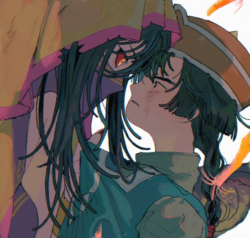 1boy, 1girl, black_hair, blunt_bangs, braid, chinese_clothes, clothes_grab, colored_sclera