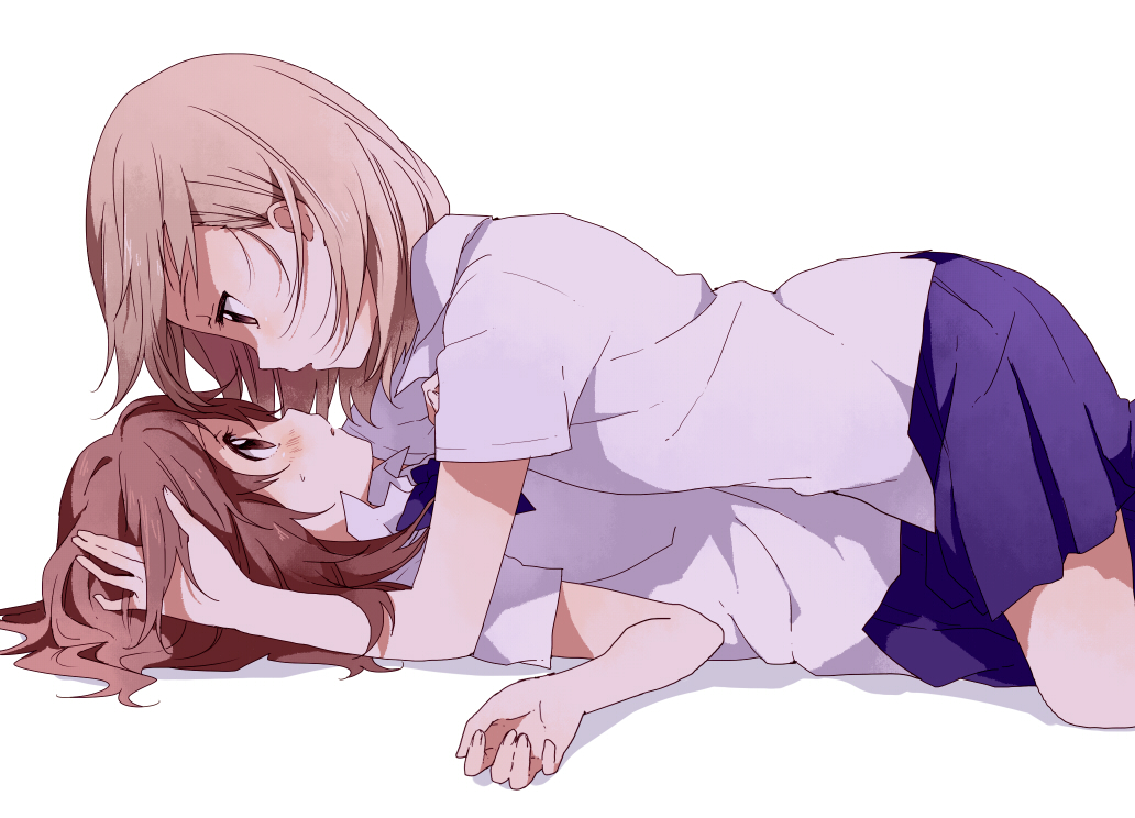 2girls, blush, brown_eyes, brown_hair, eye_contact, from_side, girl_on_top, hand_in_own_hair, looking_at_another, lying, multiple_girls, namori, on_back, original, school_uniform, short_hair, short_sleeves, simple_background, skirt, straddling, yuri