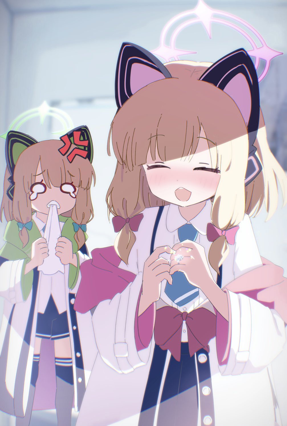 2girls, anger_vein, animal_ear_headphones, animal_ears, black_skirt, black_thighhighs, blonde_hair, blue_archive