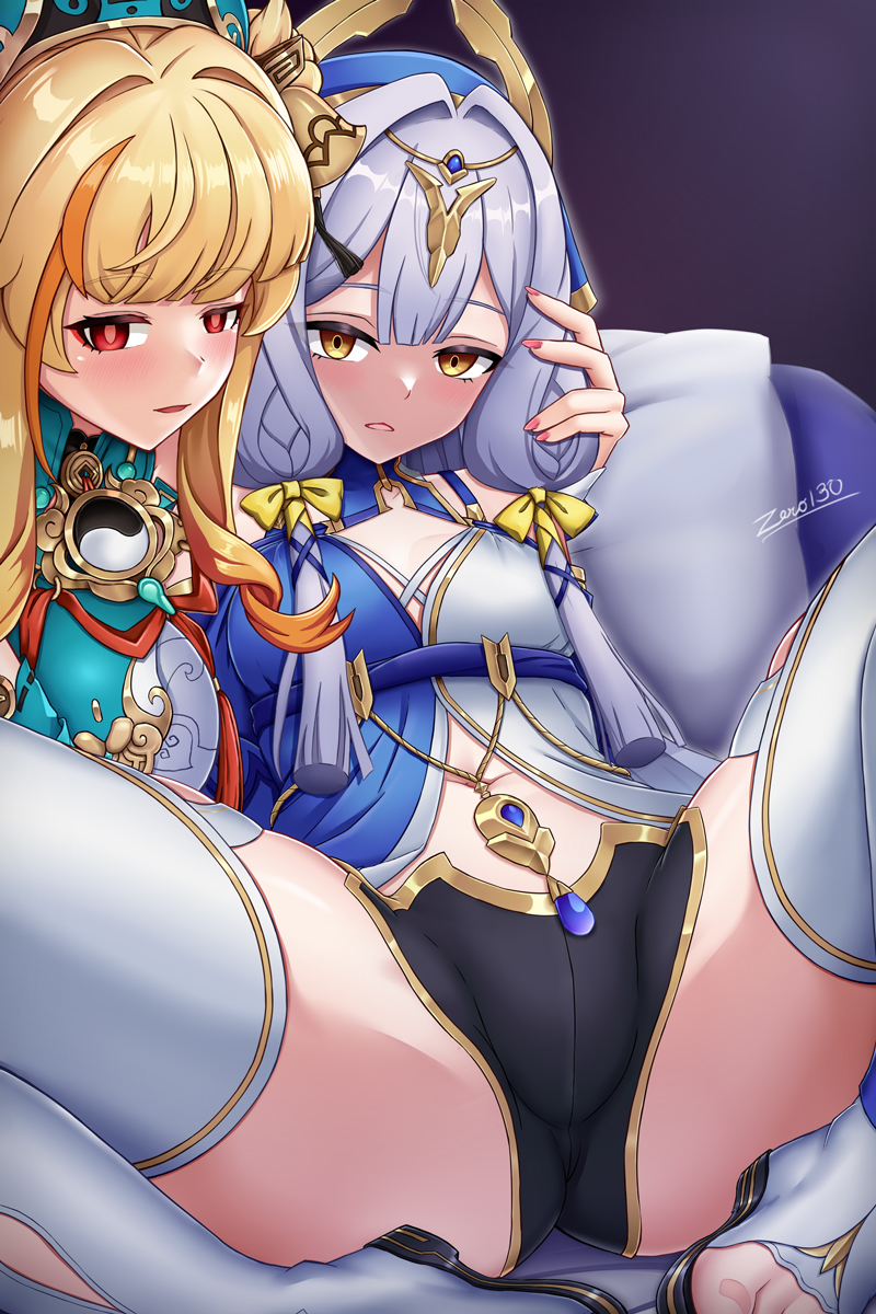 2girls, artist_name, black_shorts, blonde_hair, boots, breasts, chinese_clothes, grey_hair