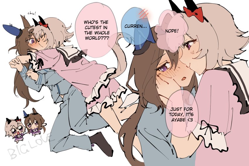 2girls, absurdres, admire_vega_(umamusume), animal_ears, baryumejuya, blue_pants, blue_shirt, blush, brown_hair, closed_mouth, commentary, curren_chan_(umamusume), english_text, grey_hair, highres, horse_ears, horse_girl, horse_tail, kiss, long_hair, long_sleeves, multiple_girls, pajamas, pants, pink_shirt, pink_shorts, purple_eyes, school_uniform, shirt, short_hair, short_sleeves, shorts, simple_background, smile, speech_bubble, tail, tracen_school_uniform, umamusume, white_background, yuri