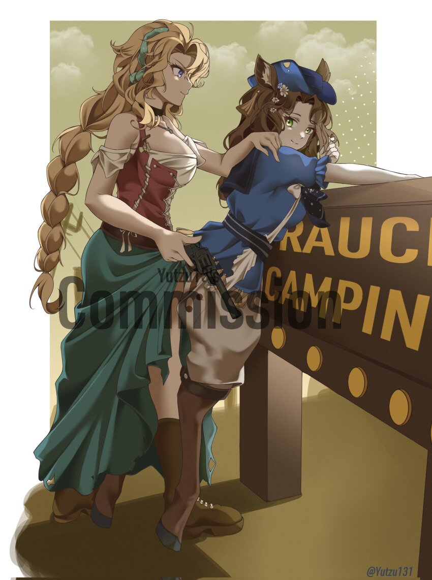 2girls, animal_ears, aqua_hairband, bare_shoulders, blonde_hair, blonney, blue_hat, blue_shirt, boots, braid, breasts, brown_boots, brown_corset, commission, corset, deer_ears, deer_girl, full_body, green_eyes, green_skirt, grey_background, gun, hairband, hand_on_another's_shoulder, handgun, hat, highres, holding, holding_gun, holding_weapon, jessica_(reverse:1999), jessica_(voyage_from_your_bed)_(reverse:1999), large_breasts, layered_sleeves, long_braid, long_skirt, long_sleeves, looking_at_another, looking_to_the_side, multiple_girls, off-shoulder_shirt, off_shoulder, official_alternate_costume, profile, purple_eyes, reverse:1999, revolver, shirt, short_over_long_sleeves, short_sleeves, shorts, sign, single_braid, skirt, smile, standing, watermark, weapon, white_shirt, white_shorts, yutzyn_13