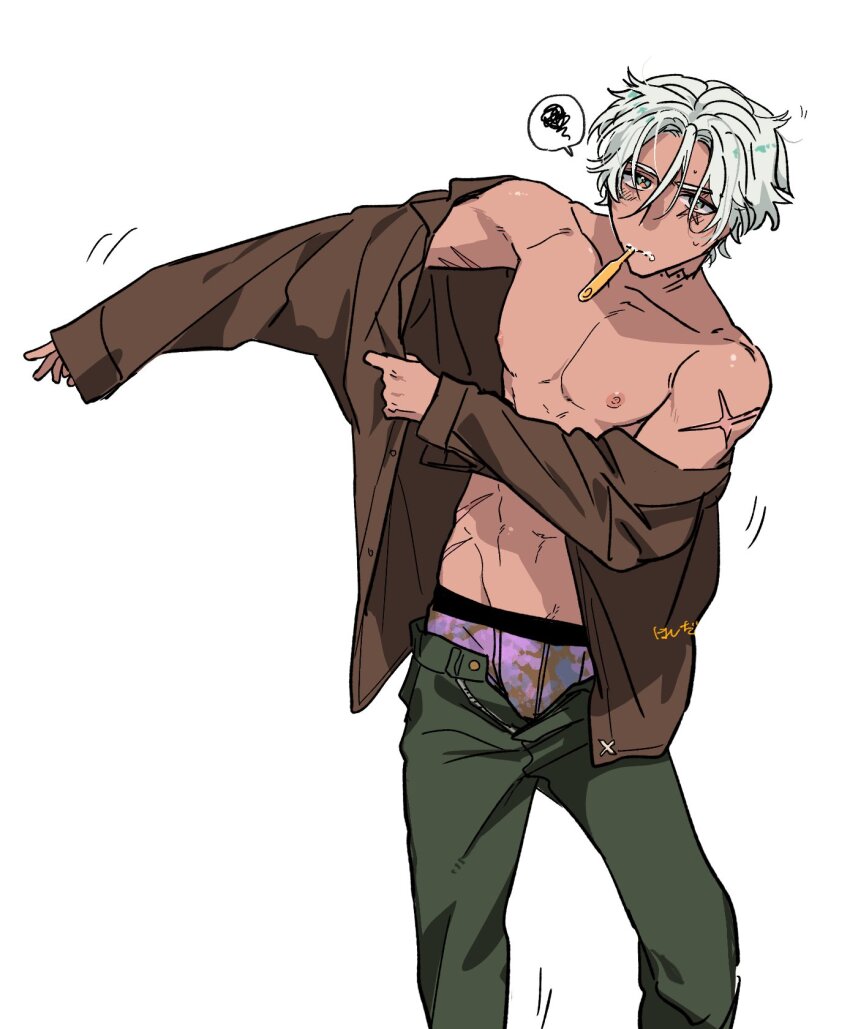 1boy, abs, brown_shirt, brushing_teeth, closed_mouth, collarbone, collared_shirt, commentary_request