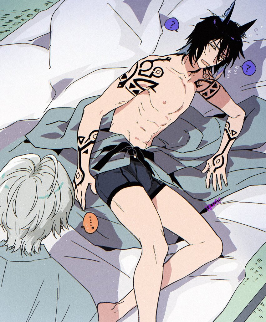 ..., 2boys, ?, abs, animal_ear_fluff, animal_ears, arm_tattoo, bat_ears