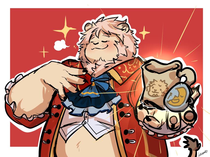 1boy, animal_ears, artist_name, ascot, belly, blue_ascot, blush, claws, closed_eyes, closed_mouth, coat, commentary_request, crop_top, fat, fat_man, furry, furry_male, hand_on_own_chest, highres, holding, leo_von_narcis_(xl), leoneal's_workshop, lion_boy, lion_ears, lion_mane, lion_tail, male_focus, red_coat, shirt, smile, sparkle, tail, thai_commentary, upper_body, white_shirt, xxl_woofia