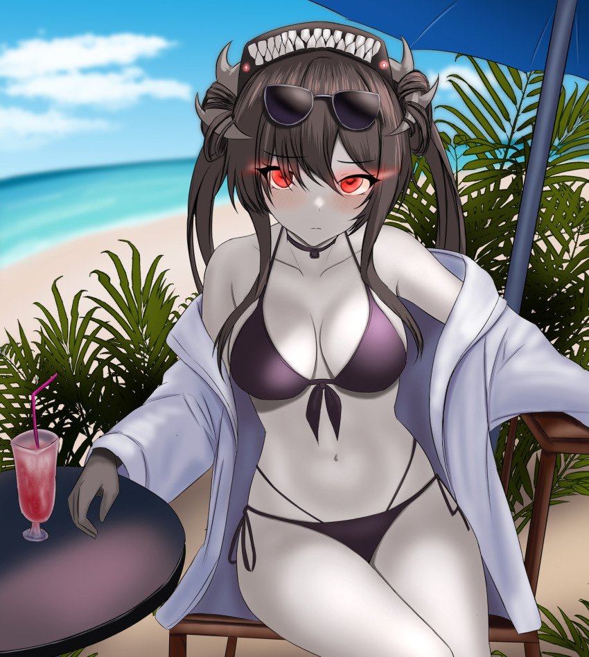 1girl, abyssal_ship, alcohol, alternate_costume, bare_shoulders, beach, beach_umbrella, bikini