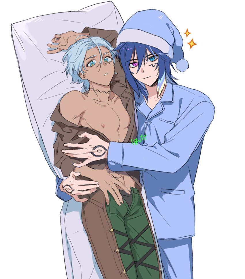 1boy, blue_eyes, blue_hair, blue_hat, blue_pajamas, blue_pants, blue_shirt, buttons