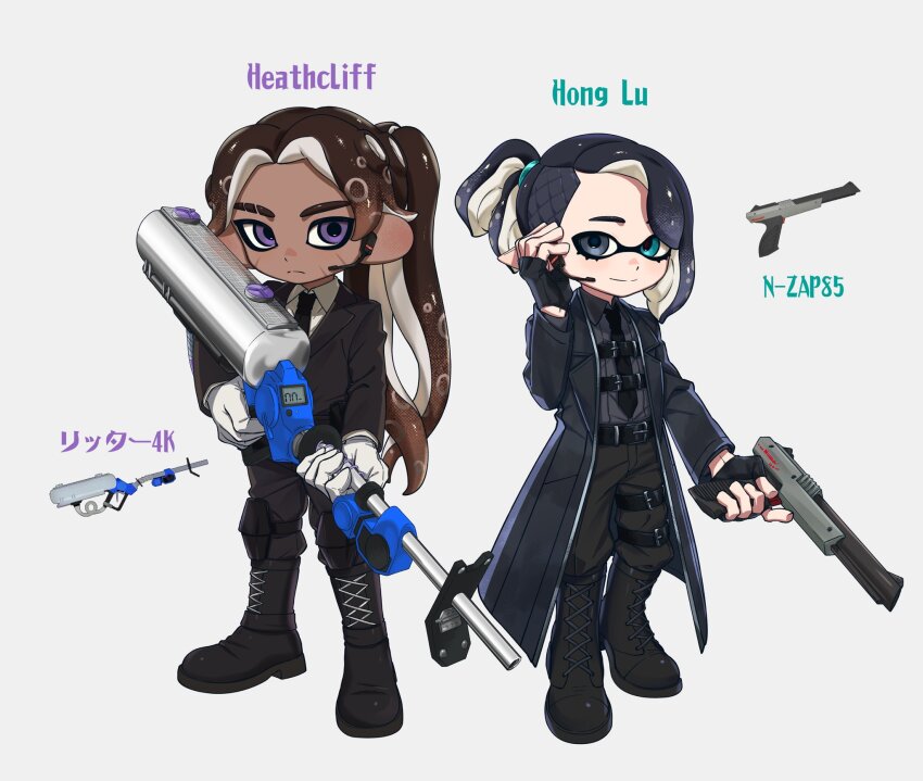 2boys, aqua_eyes, asymmetrical_bangs, belt, belt_buckle, black_belt, black_boots, black_coat