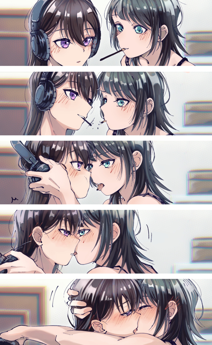 2girls, bang_dream!, bang_dream!_it's_mygo!!!!!, black_hair, blue_eyes, blush, closed_eyes, commentary