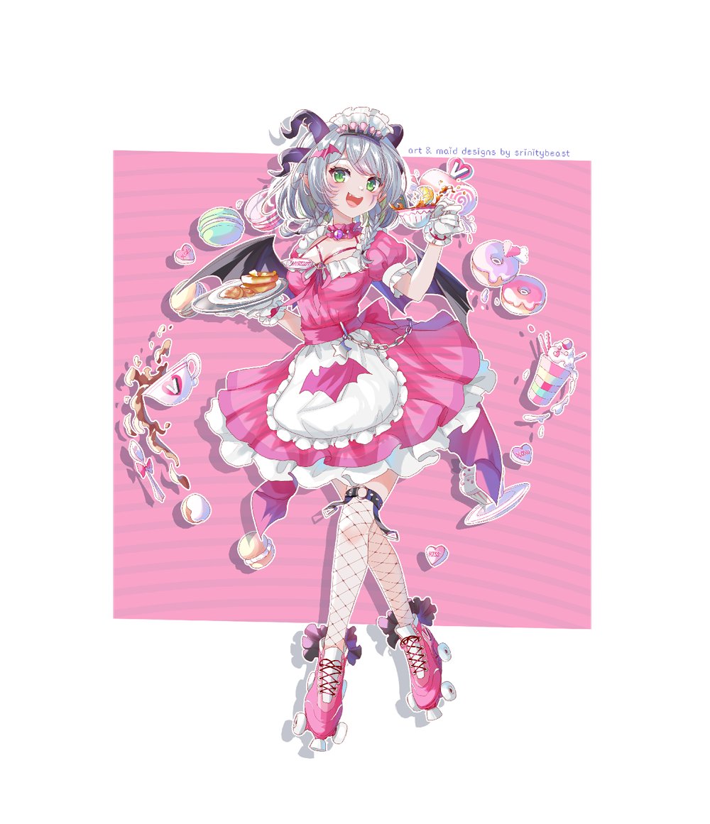 1girl, apricot_the_lich, apron, artist_name, bat_hair_ornament, black_horns, black_wings, braid