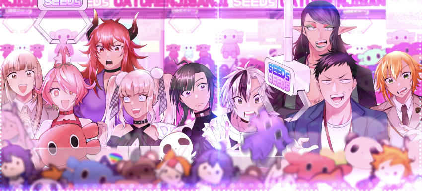 1other, 4boys, 4girls, absurdres, adjusting_eyewear, azuchi_momo, azuchi_momo_(1st_costume), braid