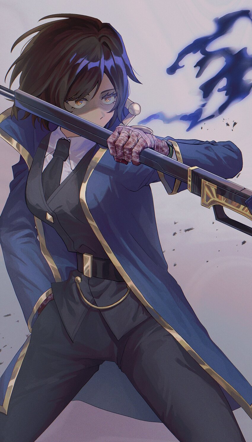 1girl, black_necktie, black_pants, black_vest, blue_coat, breasts, brown_hair, coat, collared_coat, collared_shirt, covered_mouth, cowboy_shot, dark-skinned_female, dark_skin, suit_pants, e.g.o_(project_moon), expressionless, grey_background, gun, high_collar, highres, holding, holding_gun, holding_weapon, k1ui1, legs_apart, limbus_company, long_sleeves, looking_to_the_side, magic_bullet_(e.g.o), medium_breasts, necktie, open_clothes, open_coat, outis_(project_moon), pants, project_moon, shaded_face, shadow, shirt, short_hair, shotgun, smoke, solo, standing, vest, weapon, white_shirt