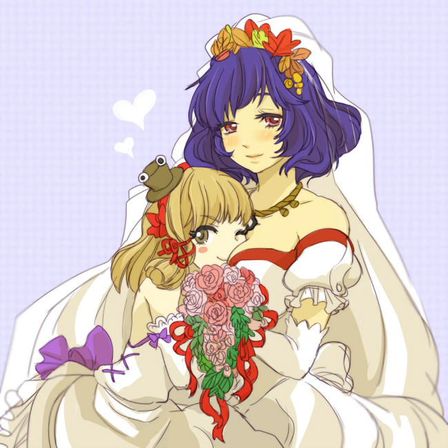 2girls, adapted_costume, bare_shoulders, between_breasts, blonde_hair, blue_hair, blush, blush_stickers, bouquet, breasts, brown_eyes, couple, dress, elbow_gloves, female_focus, flower, gloves, hair_ornament, hair_ribbon, hat, mini_hat, mini_top_hat, moriya_suwako, multiple_girls, one_eye_closed, red_eyes, ribbon, ririvery, short_hair, top_hat, touhou, wedding_dress, wife_and_wife, yasaka_kanako, yellow_eyes, yuri