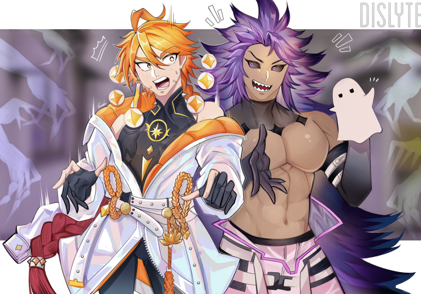 2boys, abs, black_gloves, black_sclera, coat, colored_sclera, copyright_name, dislyte, freckles, gloves, hand_puppet, highres, large_pectorals, li_ling_(nezha)_(dislyte), long_hair, multiple_boys, muscular, muscular_male, navel, no_nipples, open_mouth, orange_eyes, orange_hair, pectorals, puppet, purple_hair, sharp_teeth, tan, tang_xuan_(sun_wukong)_(dislyte), teeth, touoh, very_long_hair, white_coat