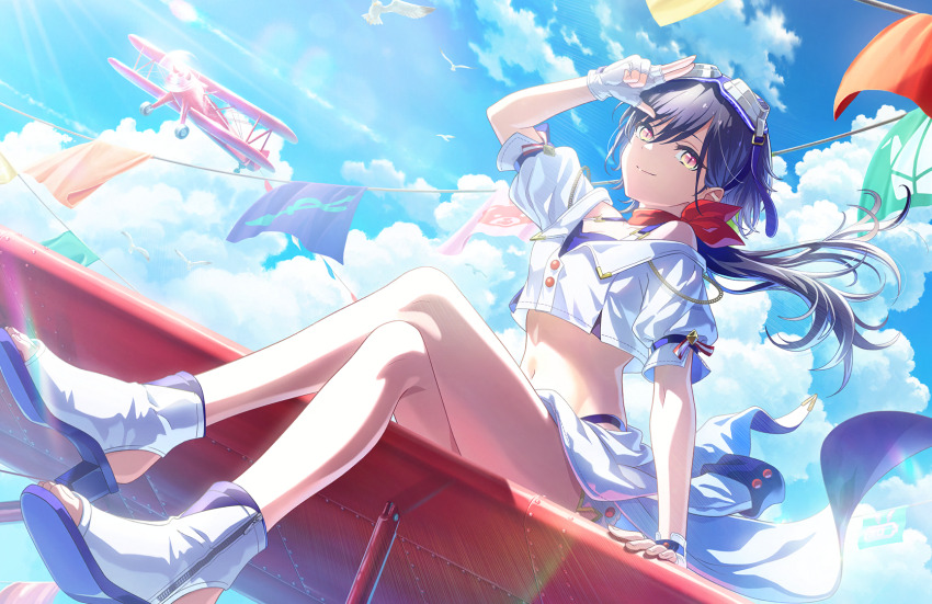 1girl, aircraft, airplane, ao_no_tsubame_(love_live!), biplane, black_hair, blue_sky, boots, breasts, cleavage, closed_mouth, cloud, crop_top, crop_top_overhang, crossed_legs, day, game_cg, goggles, goggles_on_head, highres, katsuragi_izumi, link!_like!_love_live!, looking_at_viewer, love_live!, low_ponytail, miniskirt, navel, non-web_source, off_shoulder, official_alternate_costume, official_art, open-toe_boots, orange_eyes, outdoors, ponytail, salute, self-datamine, sitting, skirt, sky, slit_pupils, smile, solo, stomach, string_of_flags, toes, two-finger_salute, virtual_youtuber, white_boots, white_skirt