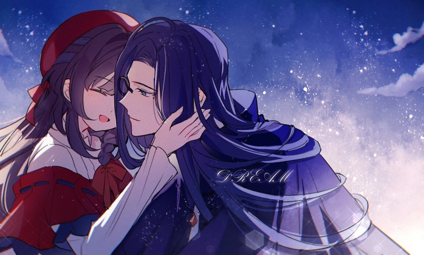 1boy, 1girl, :d, ^_^, artist_name, beret, black_cloak, blue_eyes