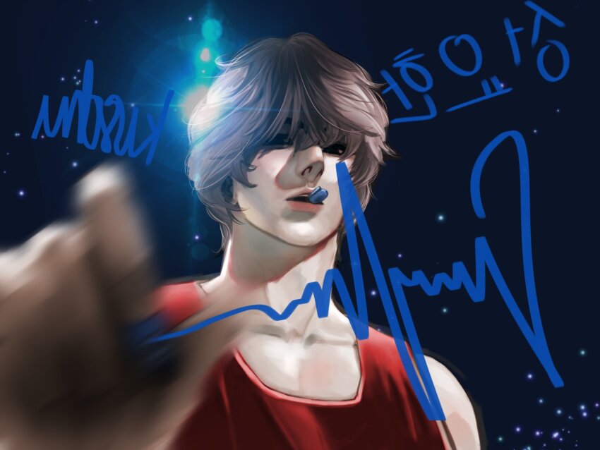 1boy, blurry, blurry_foreground, brown_hair, drawing_on_fourth_wall, highres, holding, holding_pen, kkiisscchhuu, lens_flare, looking_down, lookism, pen, red_shirt, seong_yo-han, shirt, short_hair, simple_background, solo, tank_top, upper_body, writing