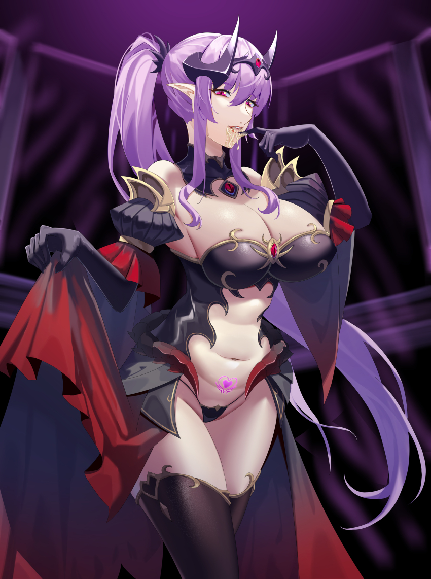 1girl, absurdres, bare_shoulders, black_gloves, black_panties, black_thighhighs, breasts, cleavage, corruption, dark_persona, demon_girl, demon_horns, detached_sleeves, diver_(765610768), elbow_gloves, gloves, heart, heart-shaped_pupils, highres, horns, kouyoku_senki_exs-tia, large_breasts, licking, long_hair, looking_at_viewer, navel, panties, pointy_ears, ponytail, pubic_tattoo, purple_hair, red_eyes, revealing_clothes, rieszverne_suzette_paladill, saliva, satsuriku_senki_rieszverne, showgirl_skirt, sidelocks, solo, symbol-shaped_pupils, tattoo, thighhighs, thighs, tongue, tongue_out, underwear, very_long_hair