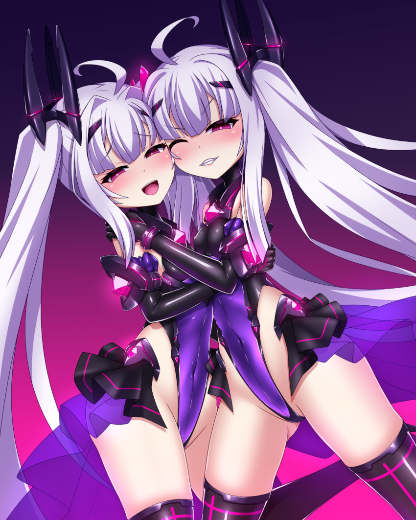 2girls, ahoge, amakubo_kaede, amakubo_yuri, bare_shoulders, black_gloves, blush, breasts, corruption, covered_erect_nipples, covered_navel, dark_persona, dual_persona, elbow_gloves, entenca, gloves, gluteal_fold, gradient_background, grin, groin, hair_intakes, hair_ornament, half-closed_eyes, headgear, highleg, highleg_leotard, highres, hug, impossible_clothes, impossible_leotard, kouyoku_senki_exs-tia, leotard, long_hair, looking_at_viewer, multiple_girls, one_eye_closed, open_mouth, pink_eyes, purple_eyes, purple_leotard, rextia_lili, rextia_mei, shiny_clothes, showgirl_skirt, siblings, sidelocks, sisters, skin_tight, skirt, small_breasts, smile, standing, symbol-shaped_pupils, teeth, thighhighs, thighs, twintails, very_long_hair, white_hair