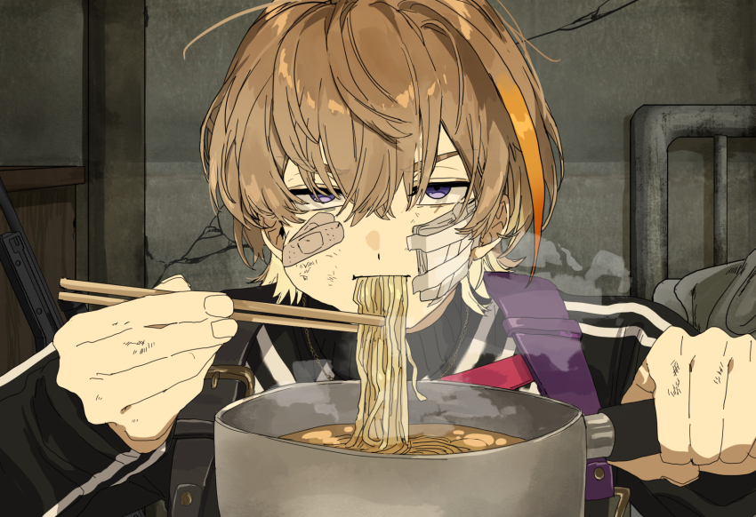 1boy, bandaid, bandaid_on_cheek, bandaid_on_face, black_jacket, brown_hair, chopsticks, cooking_pot