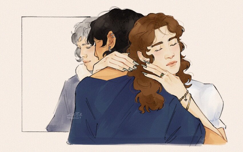 2girls, 83tanawin, alexander_albon, black_hair, blue_shirt, bracelet, brown_hair, closed_eyes