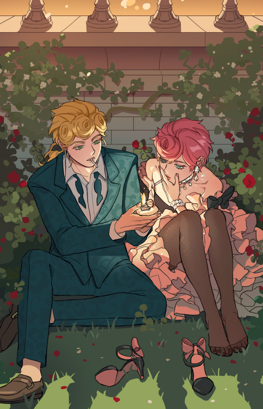 1boy, 1girl, alternate_costume, bare_shoulders, blonde_hair, braid, brown_shoes, cigarette, collared_shirt, commentary, dress, english_commentary, flower, formal_clothes, frilled_dress, frills, giorno_giovanna, grass, green_eyes, green_jacket, green_pants, hetero, high_heels, highres, jacket, jewelry, jojo_no_kimyou_na_bouken, lighter, moonnacorn, necklace, pants, pantyhose, pink_hair, plant, rose, shirt, shoes, short_hair, sitting, strapless, suit, trish_una, unworn_shoes, vento_aureo, white_shirt