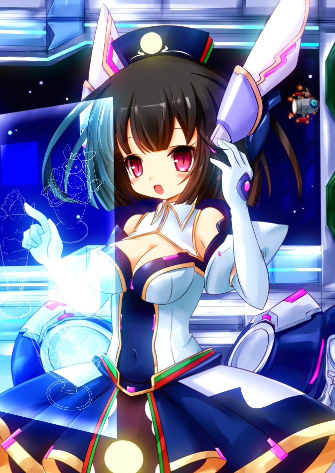 1girl, akino_sakura, android, animal_ears, bare_shoulders, black_hair, blue_dress, blue_hat