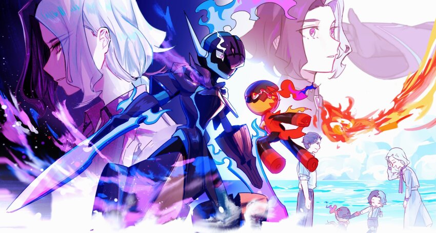 1girl, 3boys, :d, aged_down, maria_(pokemon), amethio_(pokemon), ceruledge, cervantis_(pokemon), charcadet, closed_eyes, collared_shirt, commentary_request, copituji, family, fire, gibeon_(pokemon), highres, holding_hands, multicolored_hair, multiple_boys, multiple_views, nintendo, open_mouth, pants, parted_lips, pokemon, pokemon_(anime), pokemon_(creature), pokemon_horizons, purple_eyes, purple_fire, shirt, short_hair, sleeves_rolled_up, smile