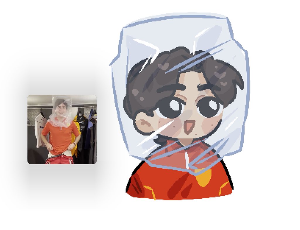 1boy, 83tanawin, :d, bag, bag_over_head, black_eyes, blush_stickers, brown_hair, commentary, cropped_torso, deformed, english_commentary, formula_3, happy, male_focus, open_mouth, photo-referenced, photo_inset, plastic_bag, rafael_camara, real_life, red_shirt, reference_inset, shirt, short_hair, simple_background, smile, white_background