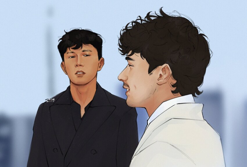 2boys, 83tanawin, alexander_albon, black_eyes, black_hair, black_jacket, blurry, blurry_background