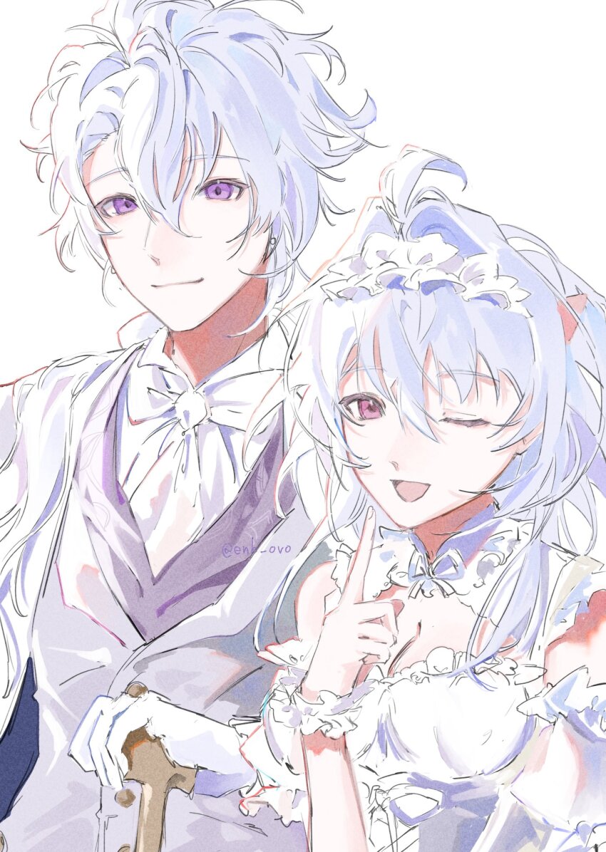 1boy, 1girl, ahoge, ascot, breasts, cleavage, clothing_cutout, fate/grand_order