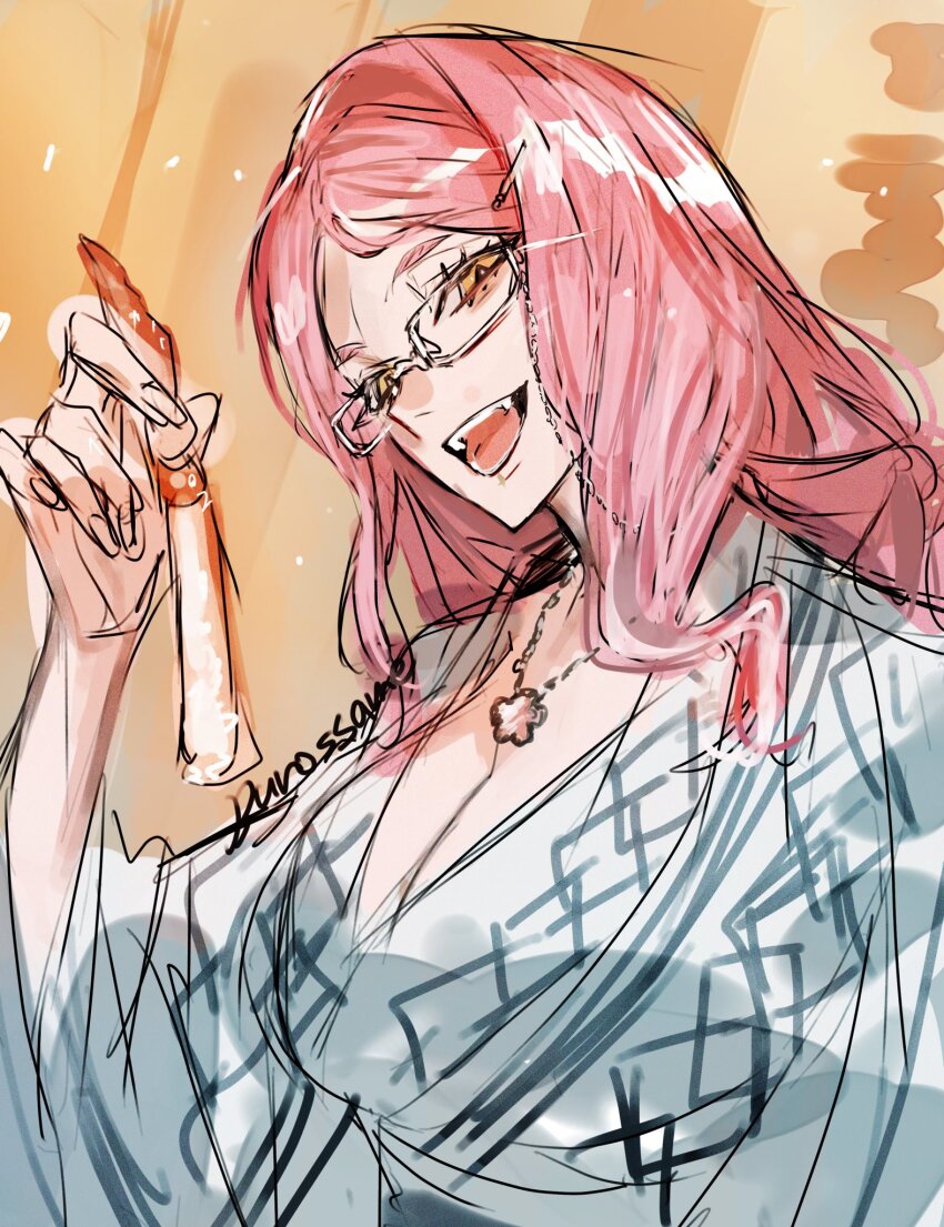 1girl, breasts, cleavage, crab_leg, fate/grand_order, fate_(series), food, glasses