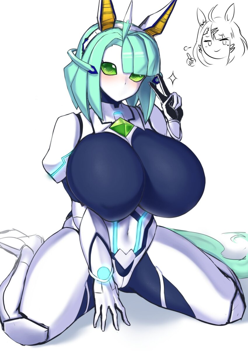 2girls, ahoge, alternate_breast_size, animal_ears, aqua_hair, artificial_eye, blush, breasts, chest_jewel, green_eyes, hair_ornament, hairclip, highres, horse_ears, horse_girl, horse_tail, huge_breasts, humanoid_robot, mecha_umamusume_st-2_(umamusume), mechanical_ears, single_mechanical_eye, multiple_girls, navel, no_mouth, robot, robot_girl, sugar_lights_(umamusume), tail, thick_thighs, thighs, umamusume, v, yuugatou_(yuuzutu)