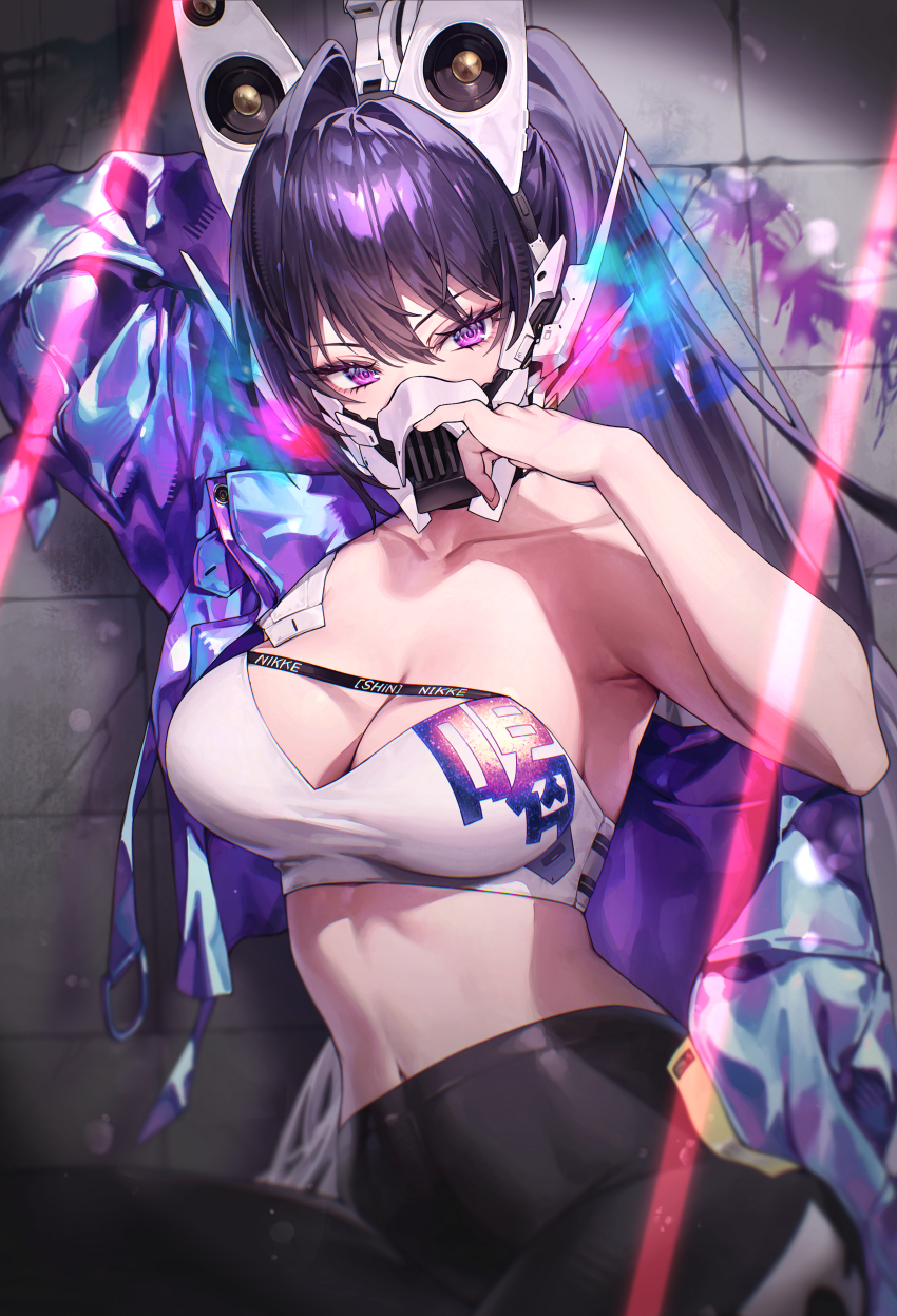 1girl, absurdres, arm_up, bandeau, black_pants, breasts, collarbone, dolldolldd, goddess_of_victory:_nikke, graffiti, hand_up, highres, iridescent_clothes, jacket, looking_at_viewer, mask, medium_breasts, midriff, mouth_mask, navel_peek, pants, purple_eyes, purple_hair, purple_jacket, sin_(nikke), single_off_shoulder, solo, speaker, sports_bra, tile_wall, tiles, white_sports_bra, yoga_pants