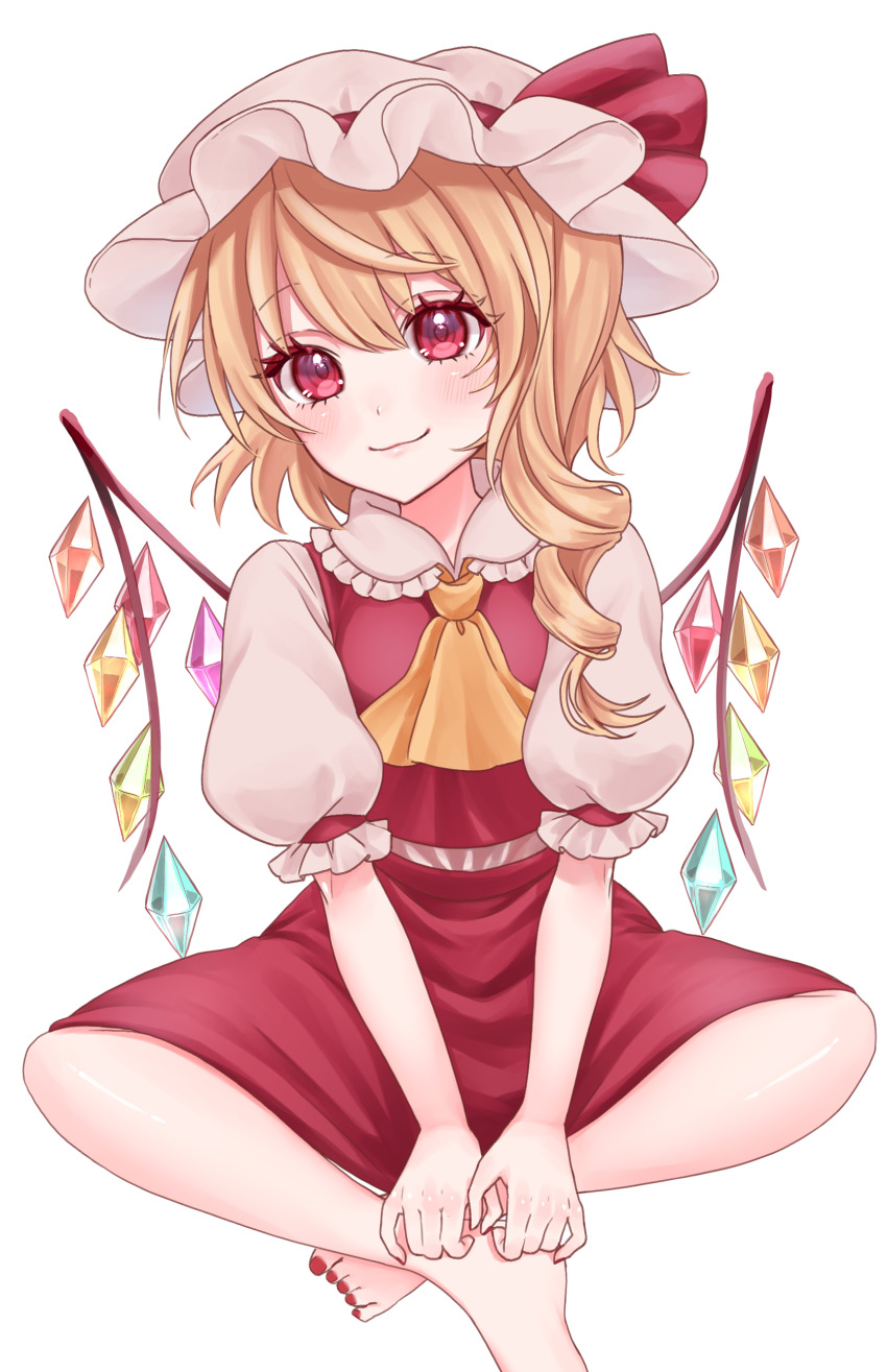 1girl, absurdres, ascot, barefoot, blonde_hair, blush, chalc0, crossed_legs