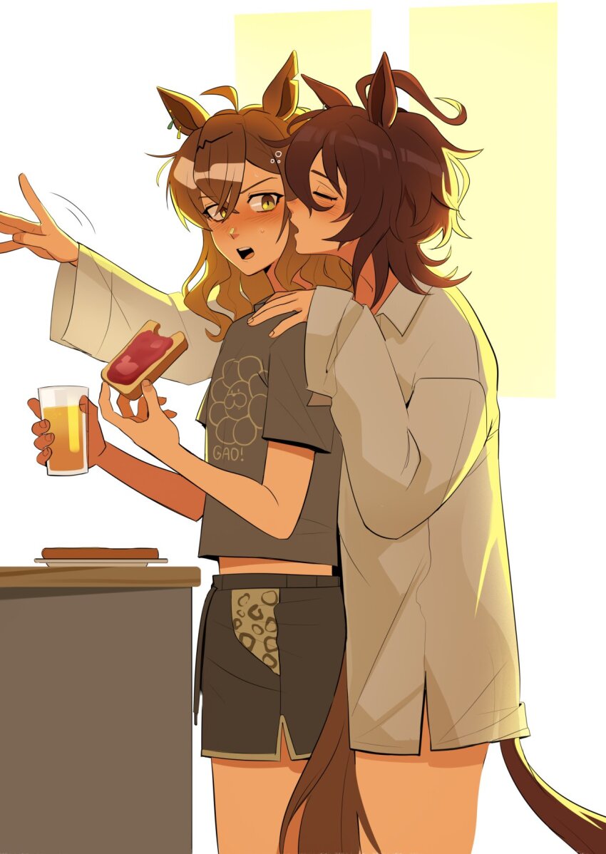 2girls, agnes_tachyon_(umamusume), animal_ears, black_shorts, blush, boro^2, bread, bread_slice