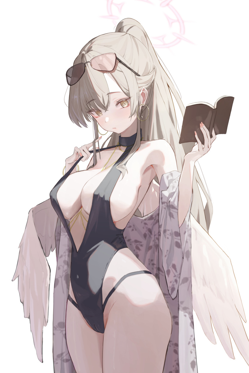 1girl, absurdres, angel_wings, armpits, banpen, black_one-piece_swimsuit, blue_archive, book