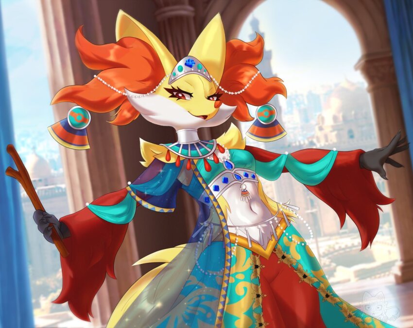 1girl, animal_ear_fluff, clothed_pokemon, delphox, delphox_(sacred), furry, furry_female, gen_6_pokemon