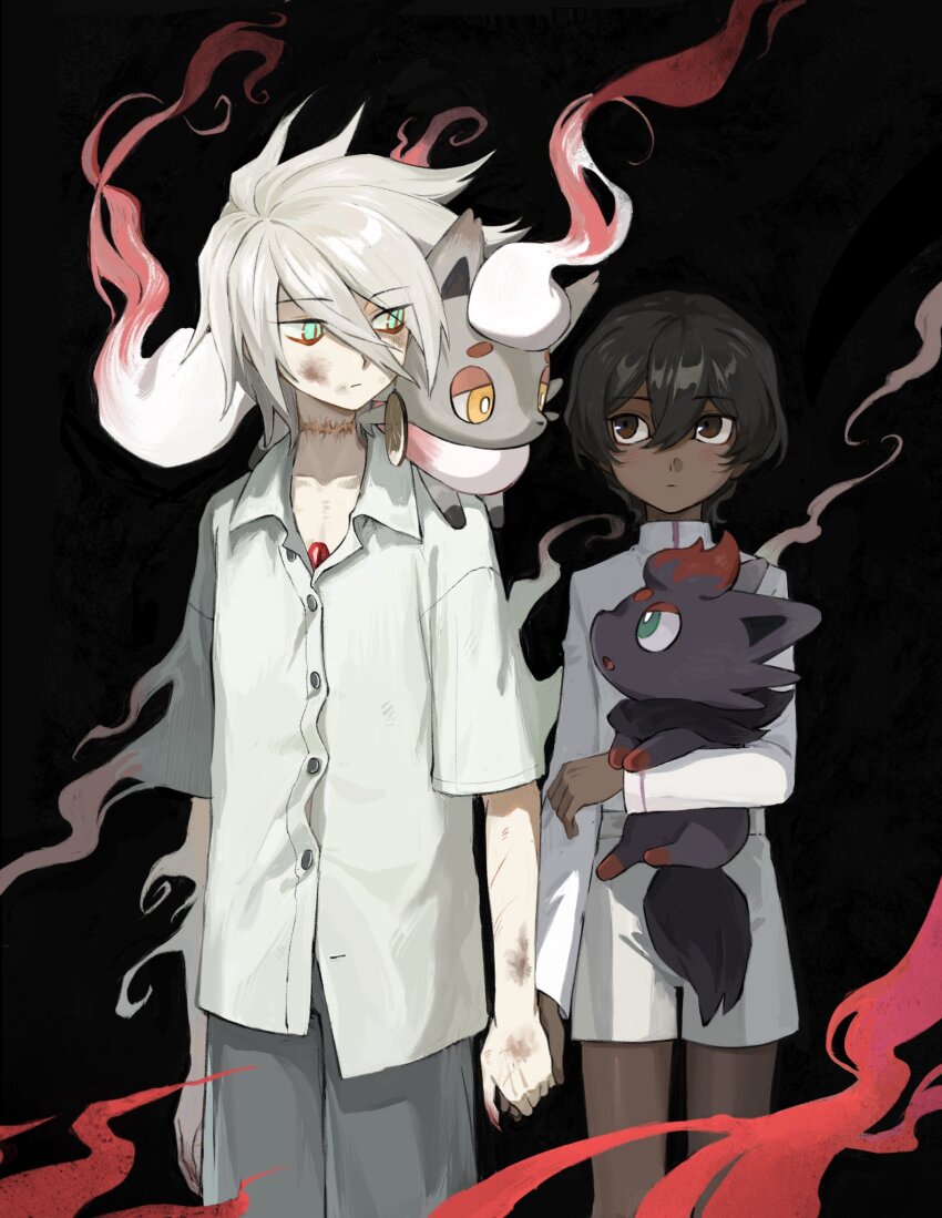 2boys, aged_down, arjuna_(fate), black_background, black_hair, blue_eyes, brown_eyes, chest_jewel, child, collared_shirt, cowboy_shot, crossover, dark-skinned_male, dark_skin, dirty, dirty_clothes, dirty_face, earrings, eyeshadow, eyeshadow_under_eye, fate/grand_order, fate_(series), gen_5_pokemon, hair_between_eyes, highres, hisuian_zorua, holding, holding_hands, holding_pokemon, iiaknekust, jewelry, karna_(fate), makeup, male_focus, multiple_boys, nintendo, on_shoulder, pale_skin, pokemon, pokemon_(creature), pokemon_on_shoulder, red_eyeshadow, scar, scar_on_neck, shirt, shorts, white_hair, white_shirt, zorua