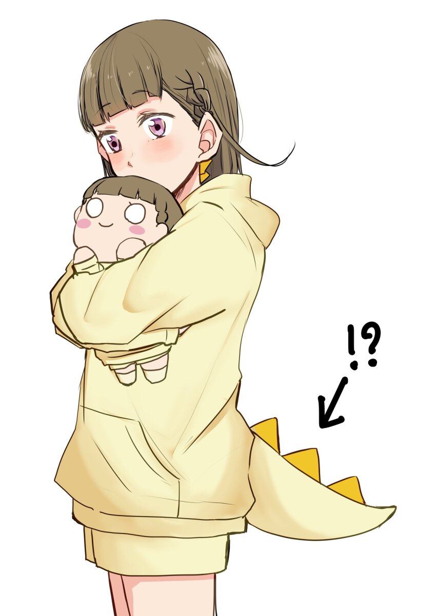 !?, 1girl, arrow_(symbol), blush, blush_stickers, bow, braid, brown_hair