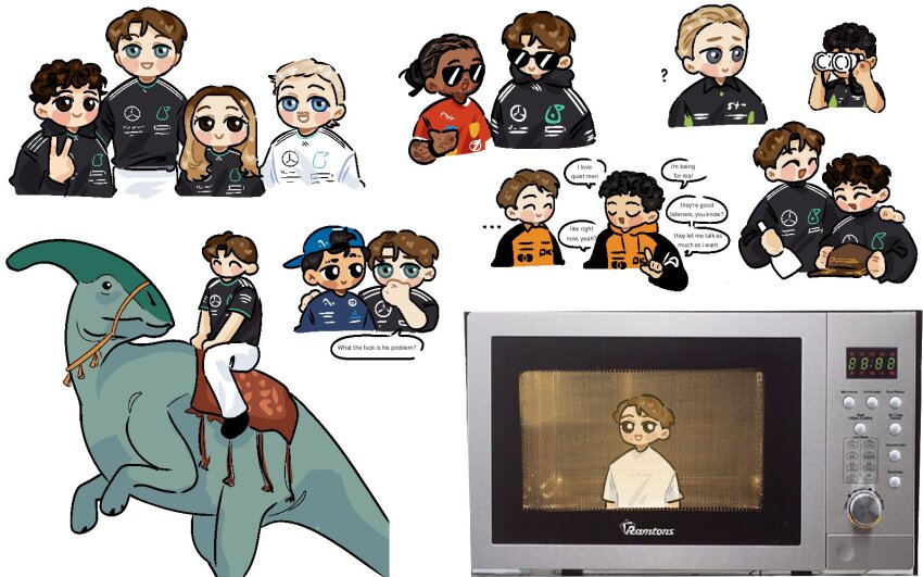 ..., 1girl, 6+boys, 83tanawin, ?, alexander_albon, andrea_kimi_antonelli, beard_stubble